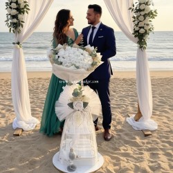 ŞENNUR - 41 Beyaz Kadife Güllü İsteme, Söz, Nişan Buketi ve 2 Katlı Sunumlukta İsimli Çikolatası 4056