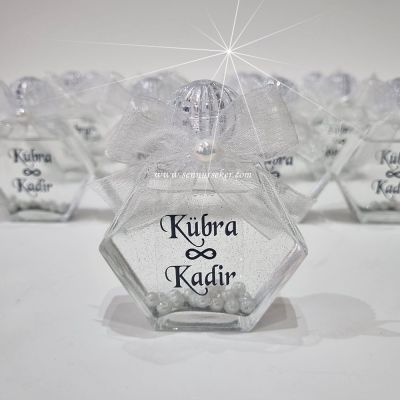 Altıgen Cam İncili, Simli, Kolonya Şişesi, Söz, Nişan, Nikah, Düğün Hediyeliği 3791 - 2