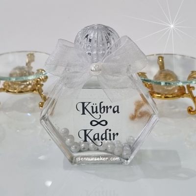 Altıgen Cam İncili, Simli, Kolonya Şişesi, Söz, Nişan, Nikah, Düğün Hediyeliği 3791 - 1