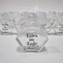 Altıgen Cam İncili, Simli, Kolonya Şişesi, Söz, Nişan, Nikah, Düğün Hediyeliği 3791 - Thumbnail