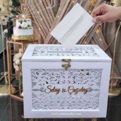 Beyaz Ahşap Oymalı Nişan, Nikah, Düğün, Sünnet Takı Kutusu veya Takı Sandığı 3809 - 1