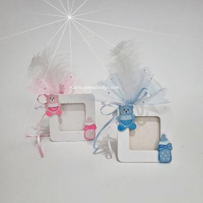 Beyaz Ayıcıklı Ahşap Çerçeve Bebek Hediyeliği 3535 - 1