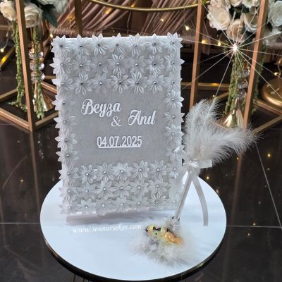 Beyaz Çiçekli, Pleksi İsimli Anı Defteri ve Kalemi Seti 4029