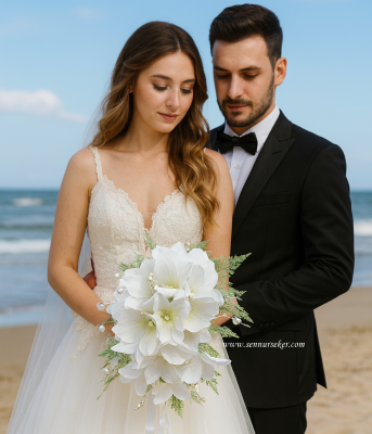 İncili Beyaz Zambak Gelin El Çiçeği 4070 - 1