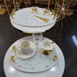 Oval Beyaz Cam Yüzük Tepisi ve Damat Kahvesi Tepsisi  Seti 4054