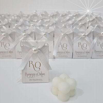 Özel Tasarım Beyaz Bubble Mum ve İncili Kutulu Nikâh Hediyeliği 4063