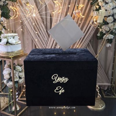 Siyah Kadife Kumaş Kaplı Ahşap Takı Kutusu veya Takı Sandığı 4088