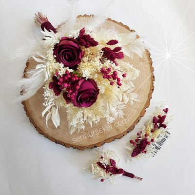 Takım Gelin Buketi Tacı, Damat Yaka Çiçeği 2796 - 1