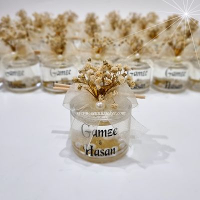 Yuvarlak Cam Şişede İncili Simli Oda Kokusu, Söz, Nişan, Nikah Hediyeliği 3847 - 1